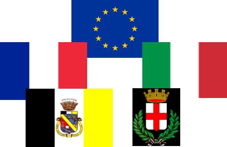 Les drapeaux (Arcachon, France, Europe, Italie, Blason Milan)